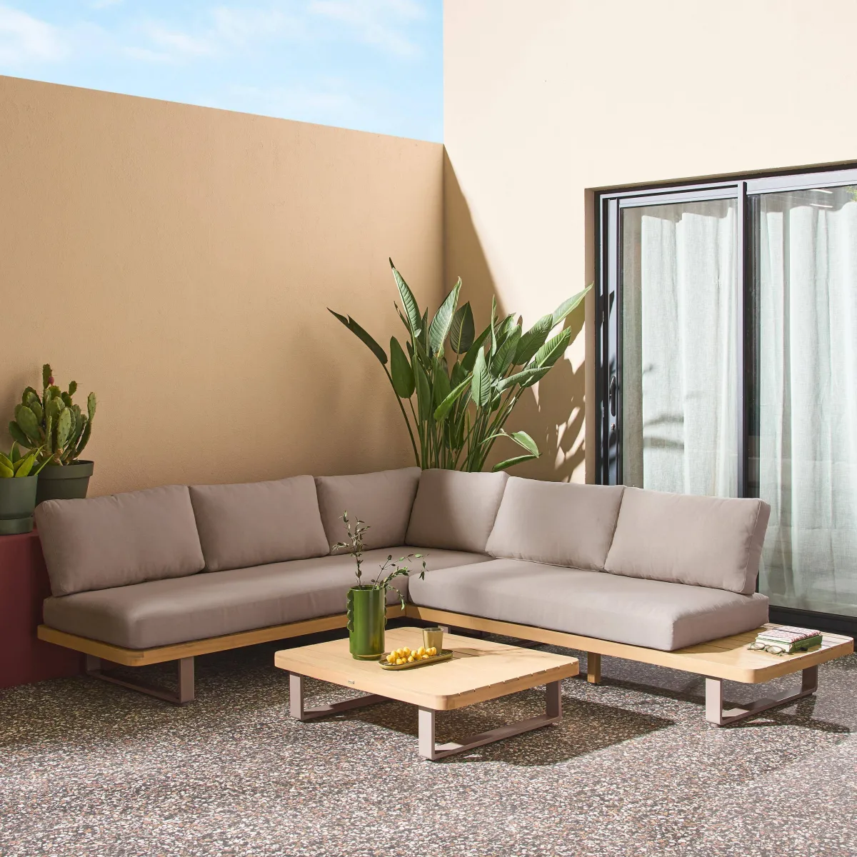 sweeek Salotto da giardino angolare in legno di acacia e alluminio, 5 posti