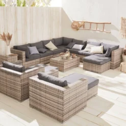 sweeek Salotto da giardino angolare in resina intrecciata, 12-14 posti