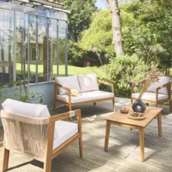 sweeek Salotto da giardino in acacia con corde, 4 posti