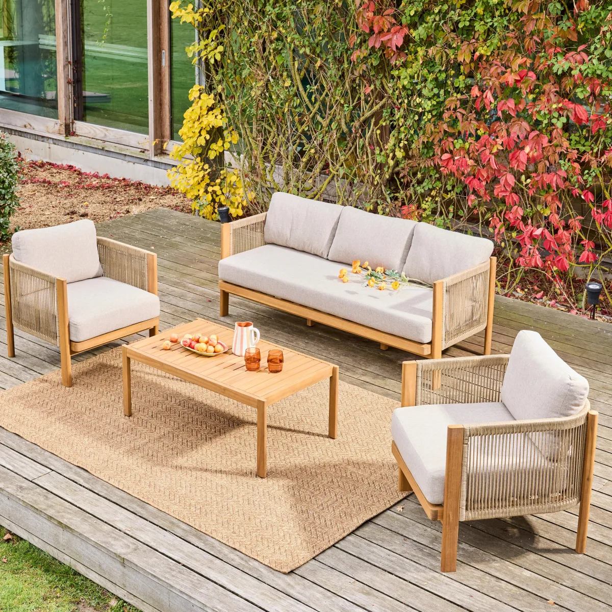 sweeek Salotto da giardino in acacia e corde, 5 posti