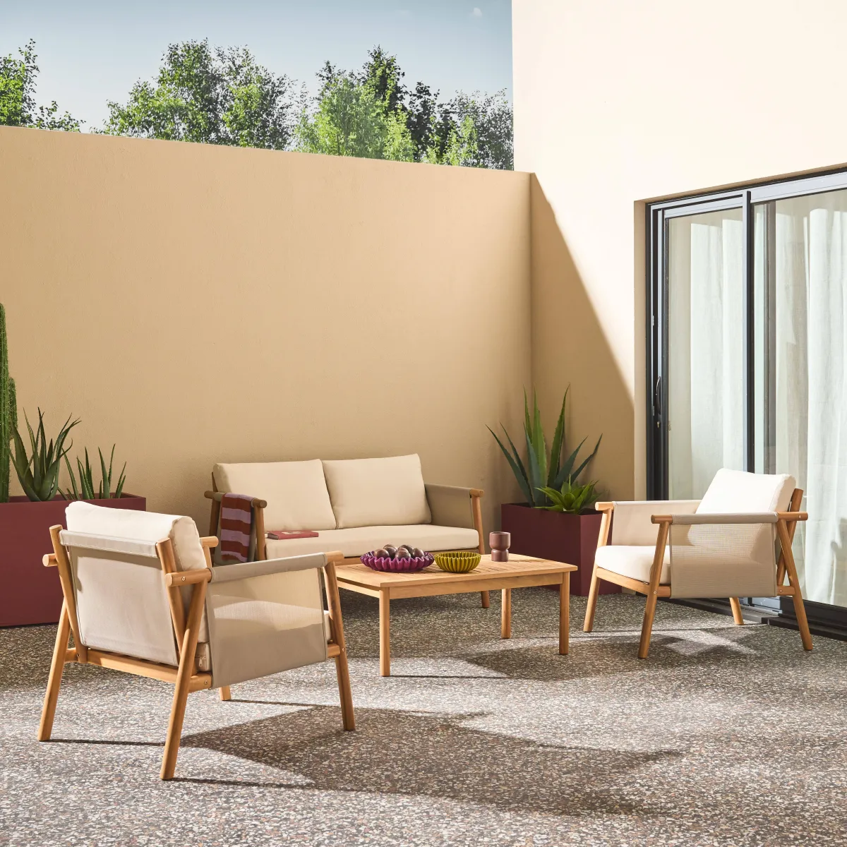 sweeek Salotto da giardino in legno di acacia e tessuto beige, 4 posti