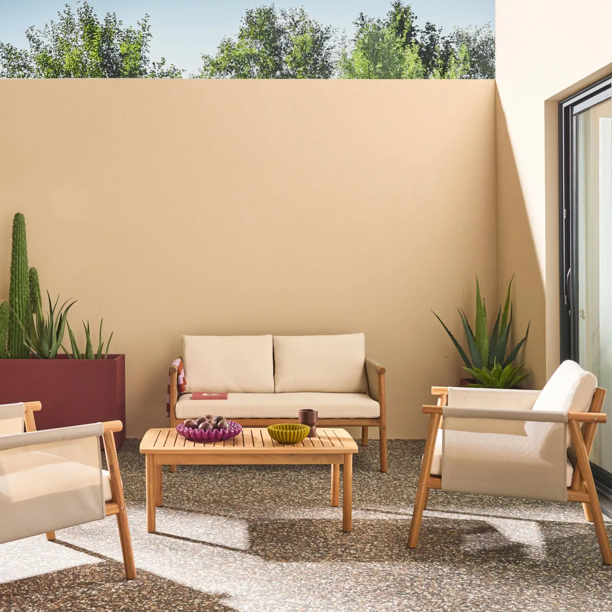 sweeek Salotto da giardino in legno di acacia e tessuto beige, 4 posti