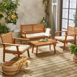 sweeek Salotto da giardino in legno e canna, 4 posti