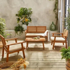 sweeek Salotto da giardino in legno e canna, 4 posti