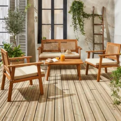 sweeek Salotto da giardino in legno e canna rotonda, 4 posti