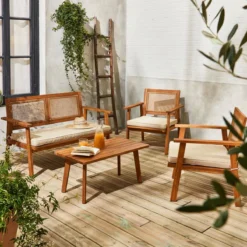sweeek Salotto da giardino in legno e canna rotonda, 4 posti