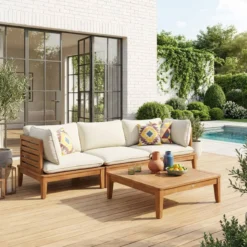 sweeek Salotto da giardino modulare in legno di acacia e bouclé, 3 posti