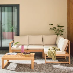 sweeek Salotto da giardino modulare in legno di acacia e tessuto beige, 4 posti