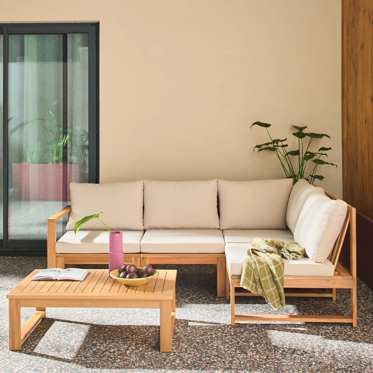 sweeek Salotto da giardino modulare in legno di acacia e tessuto beige, 4 posti
