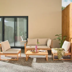 sweeek Salotto da giardino modulare in legno di acacia e tessuto beige, 4 posti