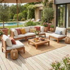 sweeek Salotto da giardino modulare in legno di acacia e bouclé, 5 posti