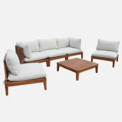 sweeek Salotto da giardino modulare in legno di acacia e bouclé, 5 posti