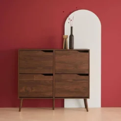 Scarpiera con decoro effetto legno, 4 ante