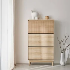 sweeek Scarpiera con decoro in legno naturale, 3 ante