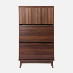 Scarpiera con decoro in legno naturale, 3 ante