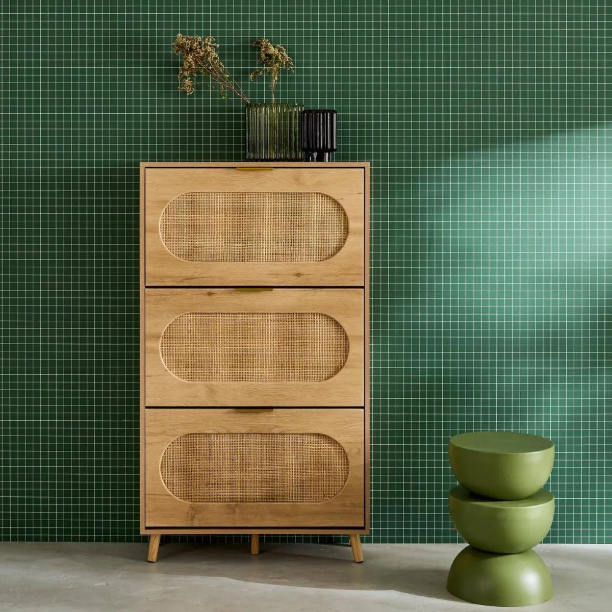 sweeek Scarpiera con decoro in legno e canna, 3 ante