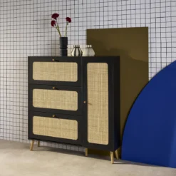 Scarpiera con decoro in legno e canna, 3 ante