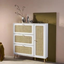 Scarpiera con decoro in legno e canna, 3 ante