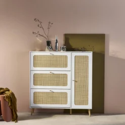 Scarpiera con decoro in legno e canna, 3 ante