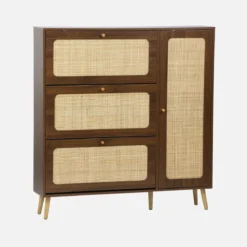 Scarpiera con decoro in legno e canna, 3 ante