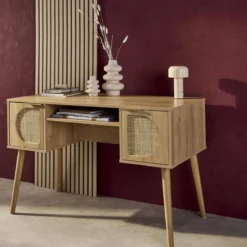 sweeek Scrivania effetto legno e cannage 2 cassetti
