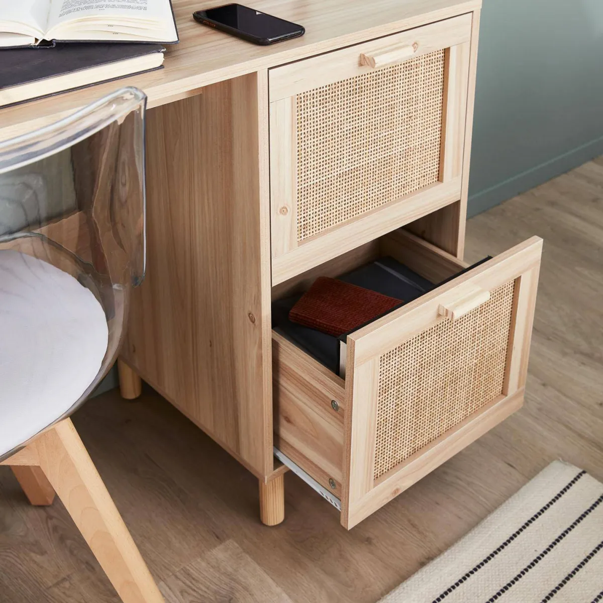 sweeek Scrivania in canna e legno 2 cassetti