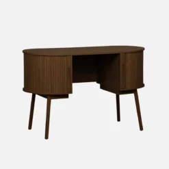 sweeek Scrivania ovale con effetto legno scanalato e due vani portaoggetti, 120cm