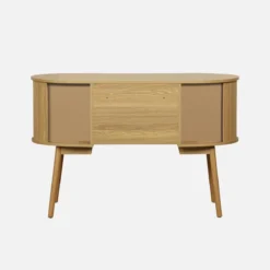Scrivania ovale con effetto legno scanalato e due vani portaoggetti, 120cm