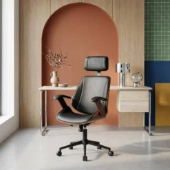 sweeek Sedia da ufficio con rotelle, effetto legno curvato e similpelle