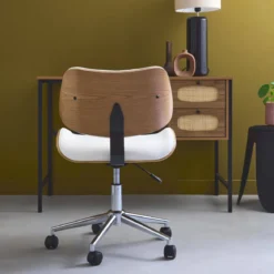 Sedia da ufficio con rotelle, effetto legno curvato e similpelle