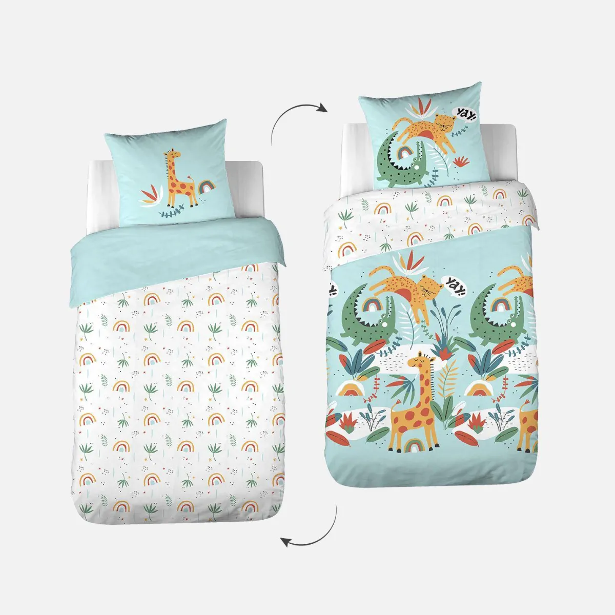 sweeek Set biancheria da letto cotone reversibile stampato savana / arcobaleno, 140 cm