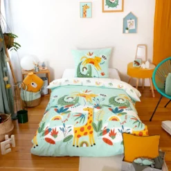 sweeek Set biancheria da letto cotone reversibile stampato savana / arcobaleno, 140 cm