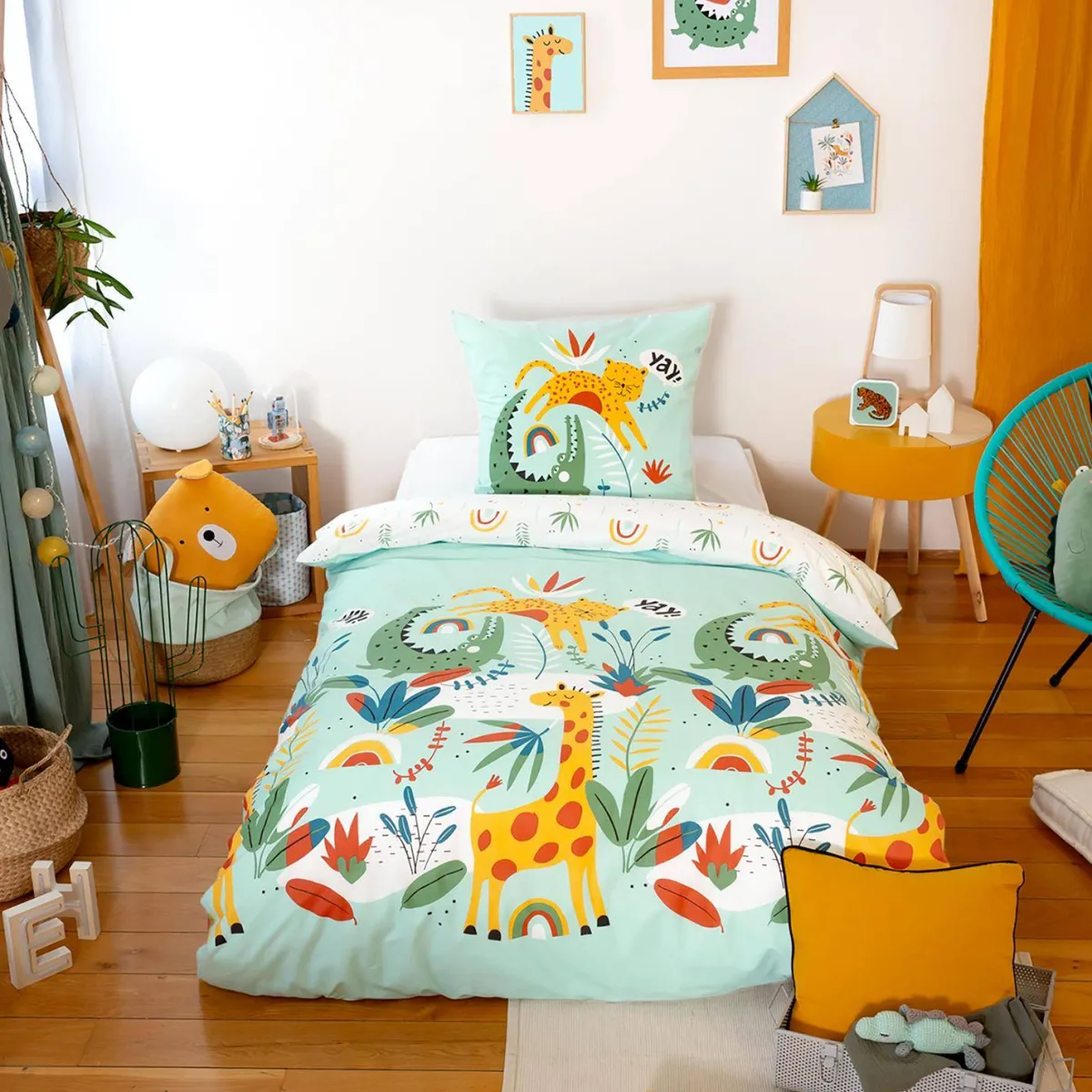 sweeek Set biancheria da letto cotone reversibile stampato savana / arcobaleno, 140 cm