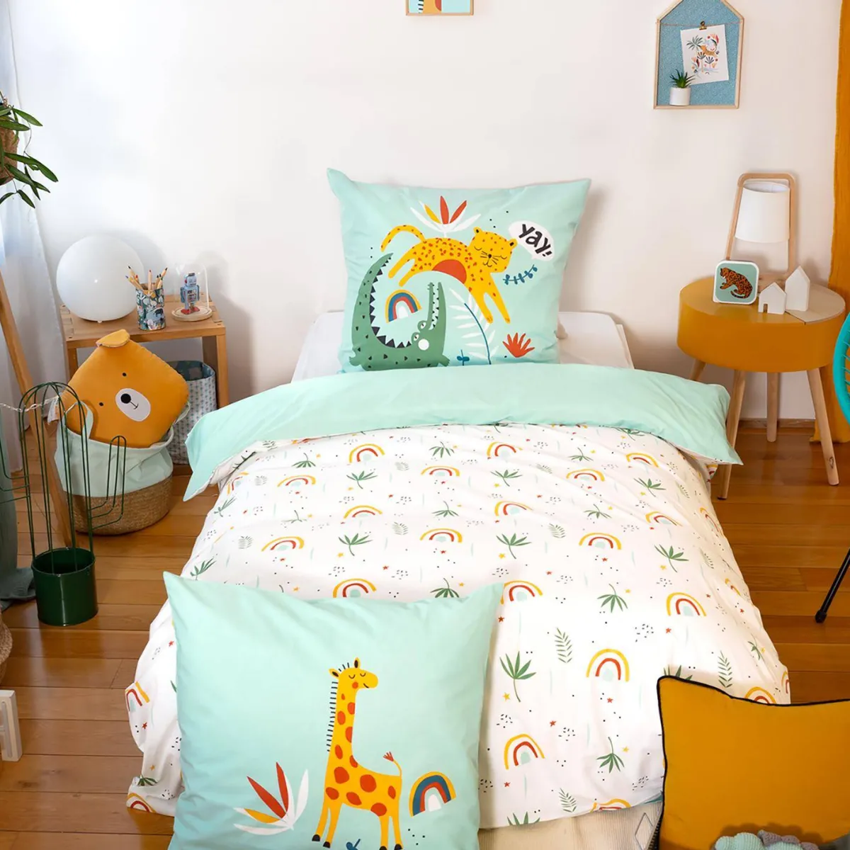 sweeek Set biancheria da letto cotone reversibile stampato savana / arcobaleno, 140 cm