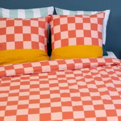 sweeek Set biancheria da letto in cotone con motivo a scacchi rosso e arancione, 2 posti