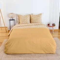 sweeek Set biancheria da letto in cotone reversibile con stampa leopardata gialla, 2 posti