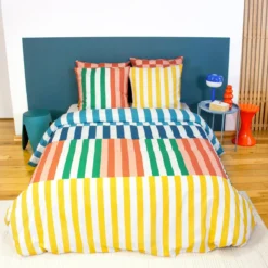 sweeek Set biancheria da letto in cotone a righe multicolori, 2 posti