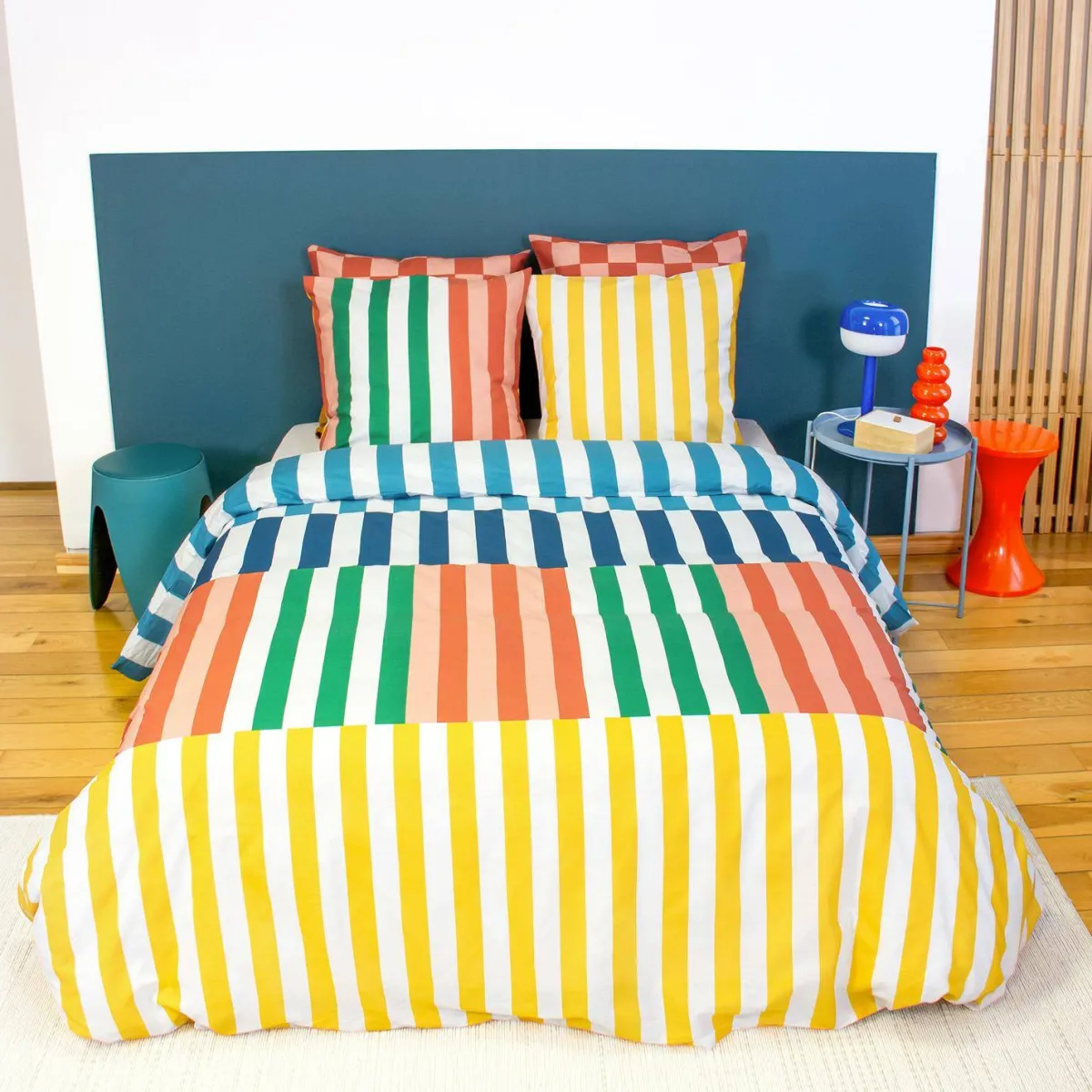 sweeek Set biancheria da letto in cotone a righe multicolori, 2 posti