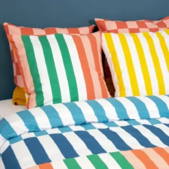 sweeek Set biancheria da letto in cotone a righe multicolori, 2 posti