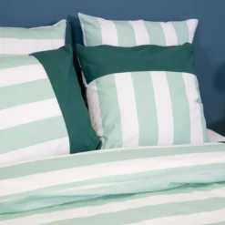 sweeek Set biancheria da letto in cotone a righe bianco e verde, 2 posti