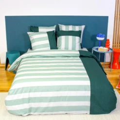 sweeek Set biancheria da letto in cotone a righe bianco e verde, 2 posti