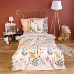 sweeek Set biancheria da letto in cotone reversibile stampata unicorno/ballerina, 140cm