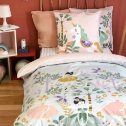 sweeek Set biancheria da letto in cotone reversibile stampata unicorno/ballerina, 140cm