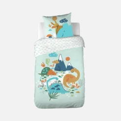 sweeek Set biancheria da letto in cotone reversibile stampata con dinosauri per un letto singolo, 140 cm