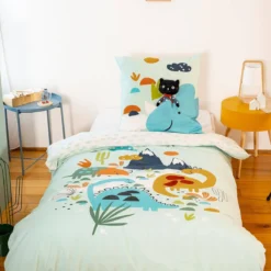 sweeek Set biancheria da letto in cotone reversibile stampata con dinosauri per un letto singolo, 140 cm
