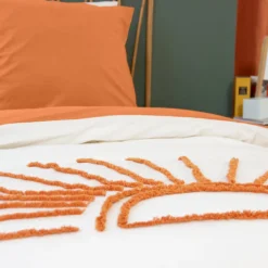sweeek Set biancheria da letto in cotone reversibile stampato sole bianco/terracotta, 140 cm