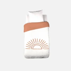 sweeek Set biancheria da letto in cotone reversibile stampato sole bianco/terracotta, 140 cm