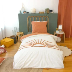 sweeek Set biancheria da letto in cotone reversibile stampato sole bianco/terracotta, 140 cm