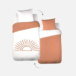 sweeek Set biancheria da letto in cotone reversibile stampato sole bianco/terracotta, 140 cm