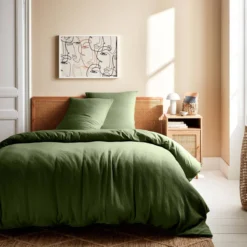 sweeek Set biancheria da letto in garza di cotone verde kaki